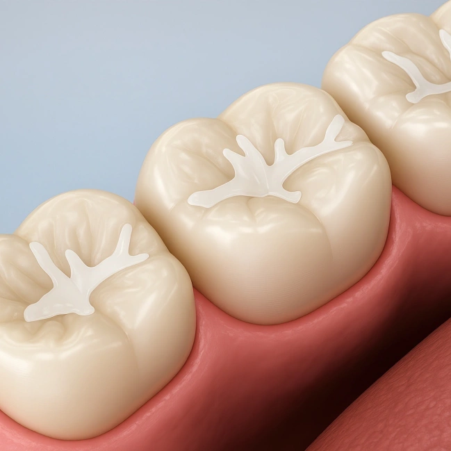 Protective dental sealant applied to a molar tooth