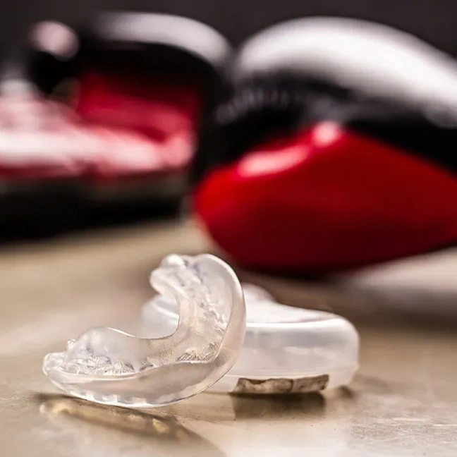 Protective sports mouthguards on a table
