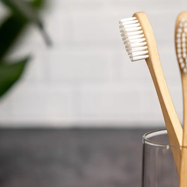 Eco-friendly bamboo toothbrush with soft bristles.